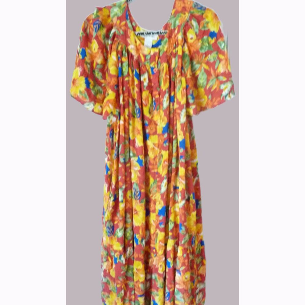 Vintage Bechamel India Crinkle Rayon Gauze Hawaiian Boho Dress Flutter Slv L/XL